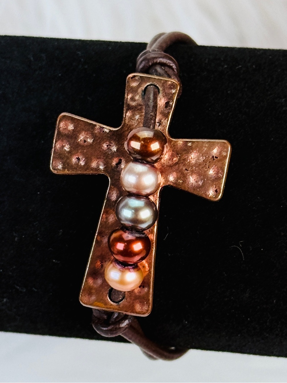 Vintage bohemian chic Coppertone hammered religious Cross Bracelet